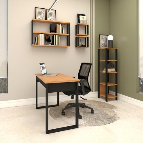 Escritório Industrial 5 Peças Dalla Costa 100% Mdf Cor:freijó com Preto Fosco