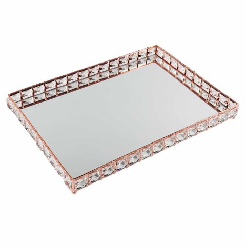 Bandeja Decorativa Retangular Rose Gold Cristal com Espelho 40cm Kv0251 Btc