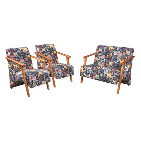 Conjunto Venus Braços em Madeira Maciça 1 Namoradeira 2 Poltronas Estampada Unidecor Retro Bar 107