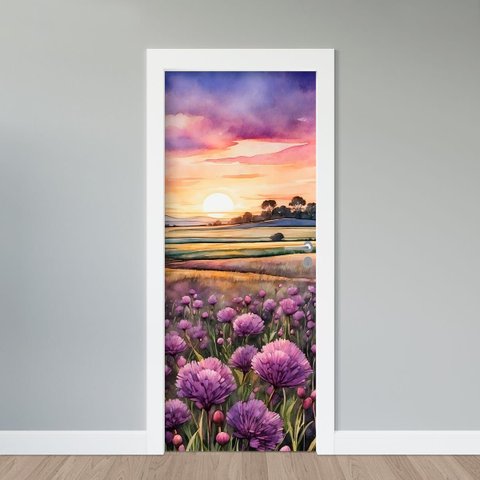 Adesivo de Porta - Flores Roxa Ao por do Sol