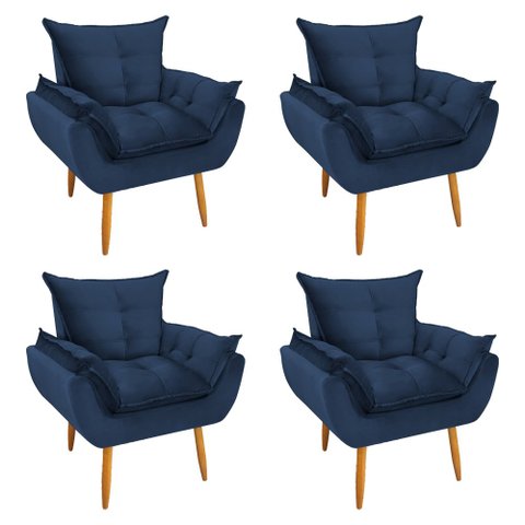 Kit 4 Poltronas Decorativa Opala Pés Palito Veludo Azul Marinho Chamby Móveis
