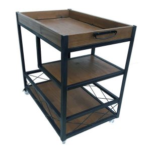 Carrinho de Bar Estilo Industrial de Ferro e Madeira com Bandeja Fixa, 2 Prateleiras e 4 Rodízios