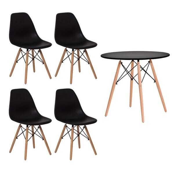 Conjunto Kit 4 Cadeiras Eames Eiffel Preta + 1 Mesa Eames 80cm Preta Base Madeira Cozinha Jantar - 1