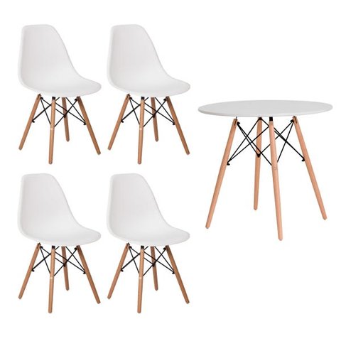 Conjunto Kit 4 Cadeiras Eames Eiffel Branca + 1 Mesa Eames 80cm Branca Base Madeira Cozinha Jantar