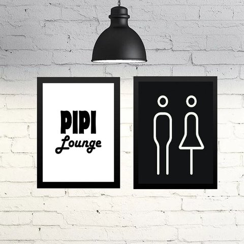 Kit 2 Quadros Banheiro Unissex - Pipi Lounge 45x34cm:madeira Preta
