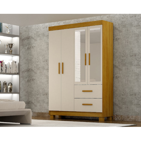 Guarda Roupa Cali 4 Portas 2 Gavetas com Pés e Espelho - CHF:Cinamomo/Off