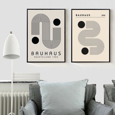 Kit 2 Quadros Minimalistas Abstratos Arte Bauhaus 45x34cm - com Vidro:madeira Preta