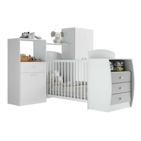 Quarto de Bebê com Berço-Cômoda e Colchão Incluso Laura Multimóveis Branco/Cinza