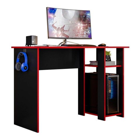 Mesa Computador Gamer 108 Cm Slim com Suporte Ssx Multicoisas Preto Vermelho