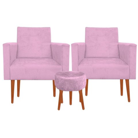 Kit 02 Poltronas Luxo Decorativas Nina e Puff Suede Rosa