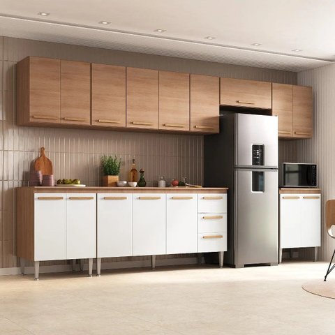 Cozinha Completa Modulada Jaguar 340cm Premium com Aéreo e Balcão - Aéreo Madeirada/Branca