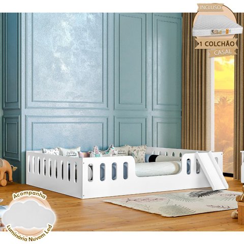 Cama Infantil Helo Casal com Colchão D28 Escorregador e Luminária para Quarto Infantil - Branco