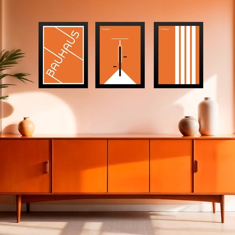 Kit 3 Quadros Artes Bauhaus Laranja Bicicleta 45x34cm - com Vidro:moldura Branca
