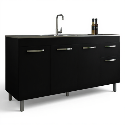 Gabinete para Pia 150cm Balcão Armário Cozinha Multiuso Preto