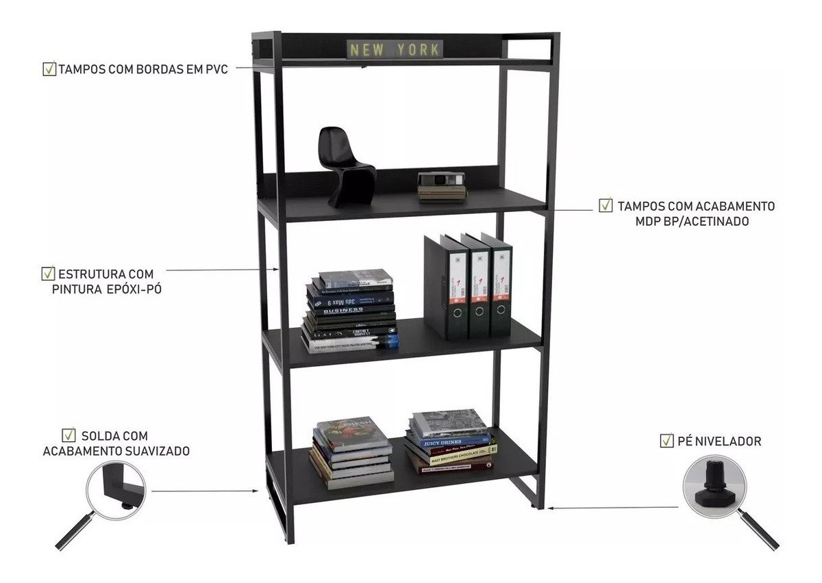 Estante C/04 Prateleiras Estilo Industrial Livros Escritorio - 4