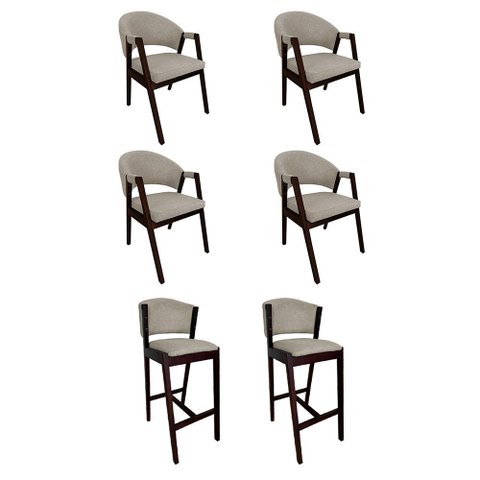 Kit 4 Cadeiras de Jantar Helen com 2 Banquetas Ana Madeira Maciça Premium Linho - Bege