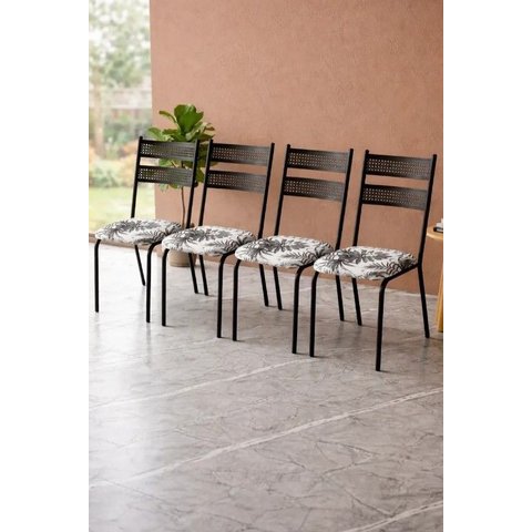 Jogo 4 Cadeiras de Cozinha Life Modelo Industrial Estrutura Firme Estampada Ramado Branco
