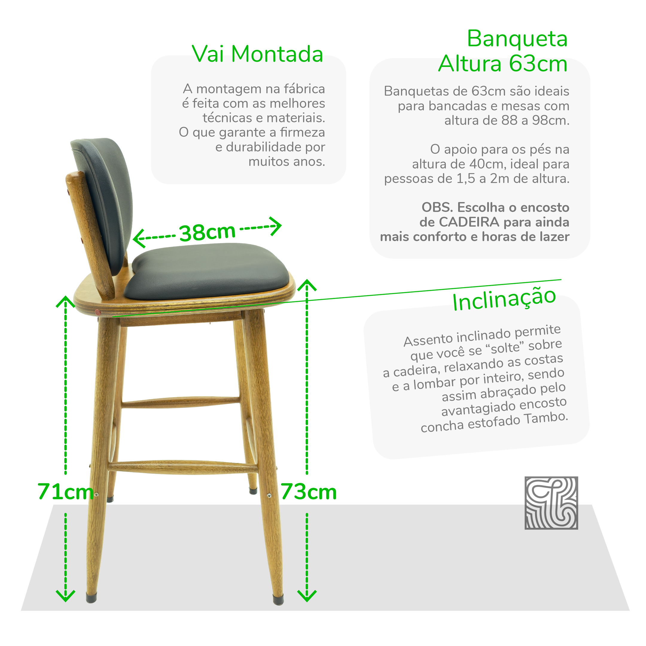 Banqueta de Madeira Torneada Bistrô 63 Cm Cor Preta com Estofado Empório Tambo - 6