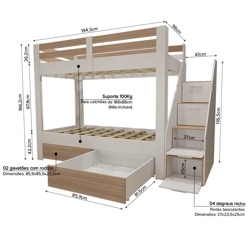 Beliche Infantil Star Plus com 2 Gavetas Branco/Montana - Casatema - 5