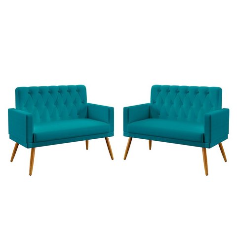 Kit 2 Poltronas Namoradeira Vega com Rodapé e Capitonê Suede Azul Turquesa Aradecor