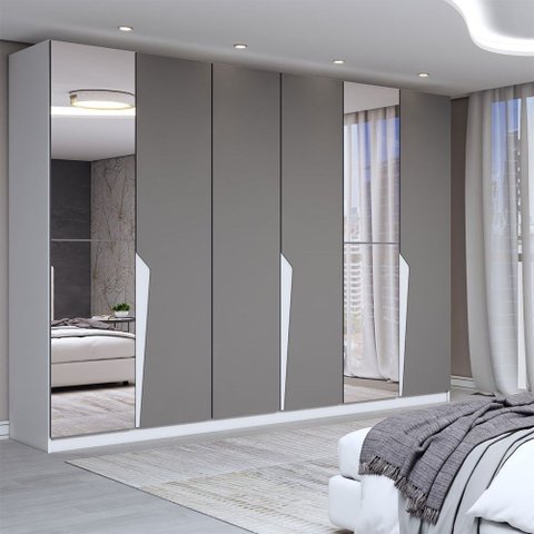 Guarda-roupa Casal Luxe 2,42 Metros 6 Portas 4 Gavetas com Espelho Branco/cinza - Panorama Móveis