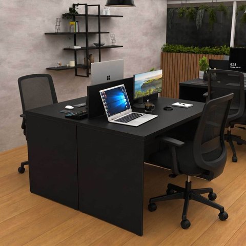 Conjunto Estação de Trabalho 2 Lugares 120x60cm + 2 Cadeiras Netflex Ergonômicas Reclináveis