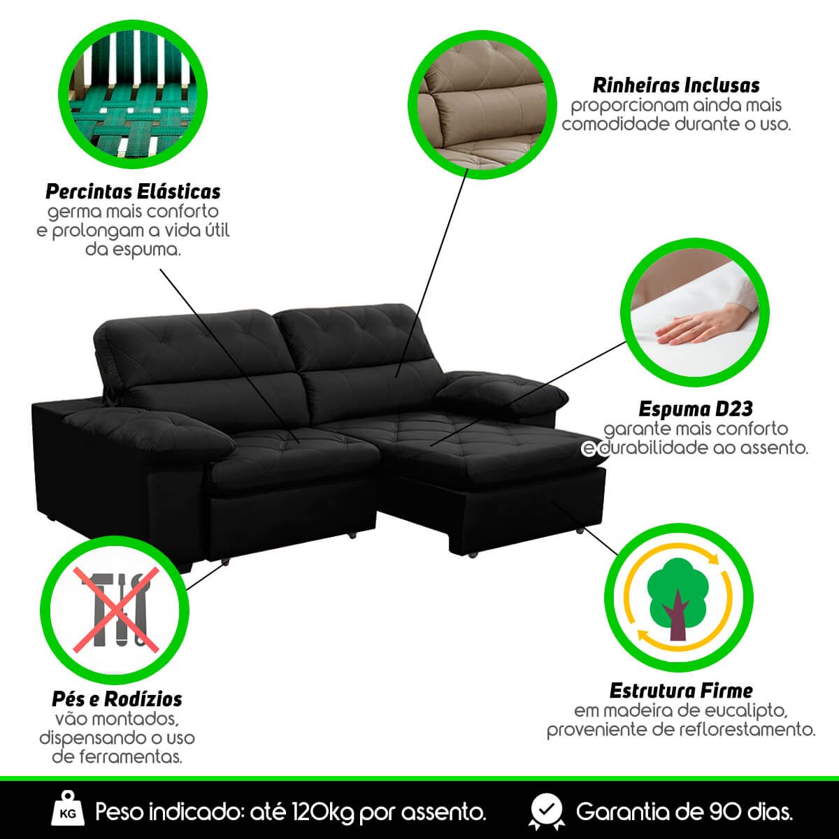 Sofa Retratil Reclinavel 2 Lugares 1,80m Crystal Veludo Preto Lansofbr Lansof Brasil - 7