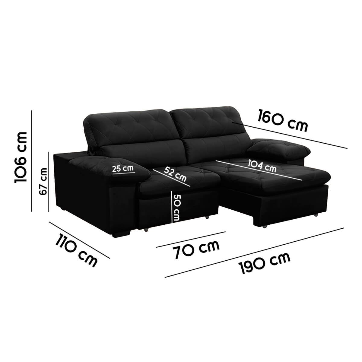 Sofa Retratil Reclinavel 2 Lugares 1,80m Crystal Veludo Preto Lansofbr Lansof Brasil - 6