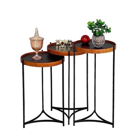 Mesa Canto Apoio Lateral Pequena Madeirado Conjunto Rustico Ambiente Casa Recepção:Tampos Preto Ferr