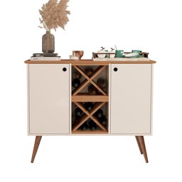 Aparador Buffet Elegance Adega 2 Portas Pés Retrô - Off White com Nature - 3
