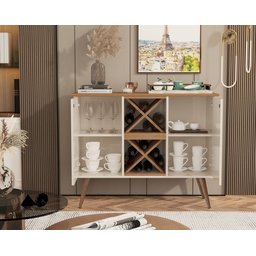 Aparador Buffet Elegance Adega 2 Portas Pés Retrô - Off White com Nature - 2