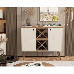 Aparador Buffet Elegance Adega 2 Portas Pés Retrô - Off White com Nature - 1