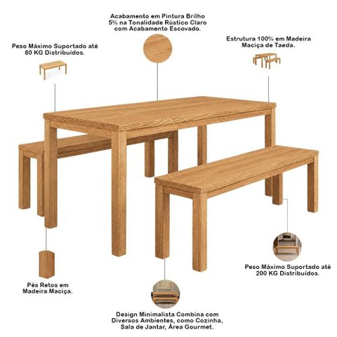 Mesa de Jantar 6 Lugares 180cm com 02 Bancos de Madeira Maciça Dunia F06 Rústico Claro - Lyam