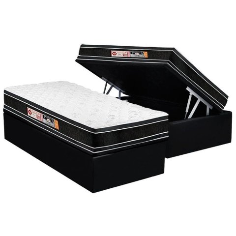 Cama Box Baú Solteiro: Colchão Black e White Double Face + Base Crc Suede Black(88x188)