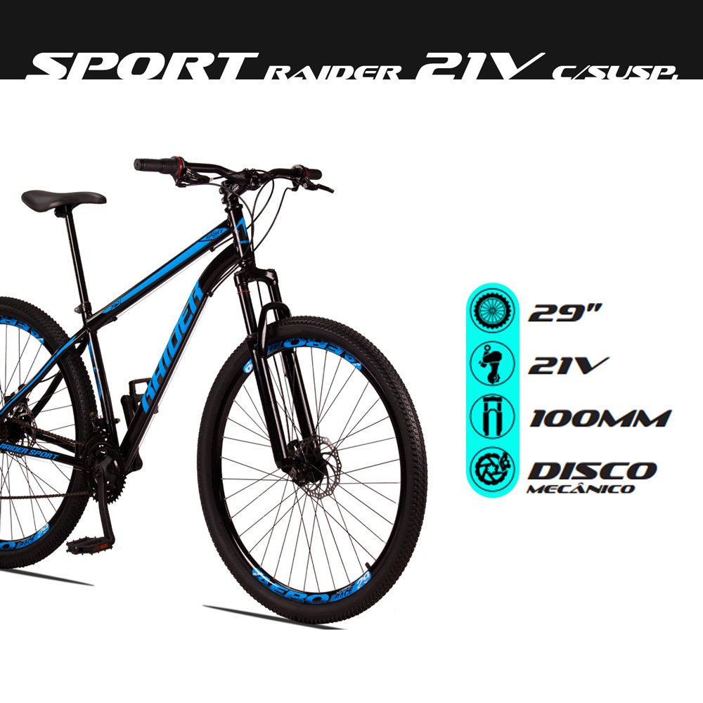 Bicicleta Sport Aro 29 Quadro 17 Aço 21v com Suspensão Freio Disco Mecânico Preto Azul - Raider - 6