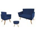 Ver imagem 1 de Kit Namoradeira + 1 Poltrona Decorativa Nina + Puff Redondo Suede Azul Marinho Pés Madeira Mz Decor