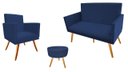 Ver imagem 1 de Kit Namoradeira + 1 Poltrona Decorativa Nina + Puff Redondo Suede Azul Marinho Pés Madeira Mz Decor