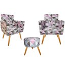 Ver imagem 1 de Kit 2 Poltronas Decorativa Nina + Puff Redondo Suede Triângulo Rosa Pés Madeira Ms Decor