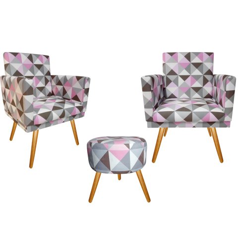 Kit 2 Poltronas Decorativa Nina + Puff Redondo Suede Triângulo Rosa Pés Madeira Ms Decor
