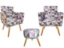 Ver imagem 1 de Kit 2 Poltronas Decorativa Nina + Puff Redondo Suede Triângulo Rosa Pés Madeira Ms Decor