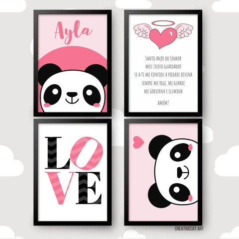 Kit com 4 Quadros Decorativos - Panda:preta