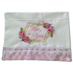 Toalha Bordada de Mão Lavabo com Flores em Relevo Mãe Te Amo. Cor: Branco. Marca: Dohler Artesanalle
