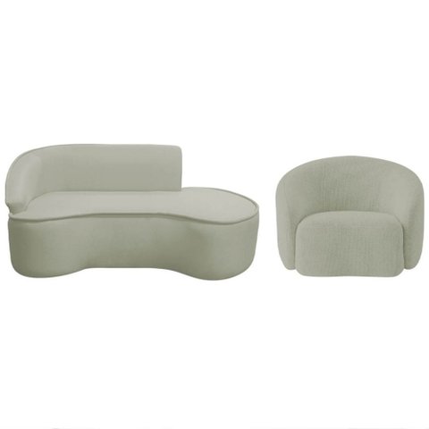 Kit Divã Recamier Orgânico Marrocos 200cm Lado Direito e 1 Poltronas Amore Bouclé Verde Oliva