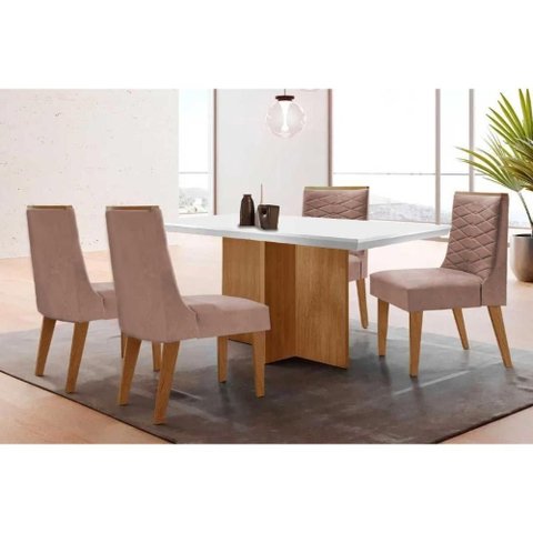 Conjunto Mesa Berlim c/ Tampo Madeirado c/ Vidro Canto Curvo 120x80cm e 4 Cadeiras Maldivas Madeira