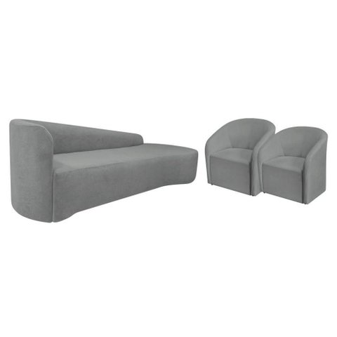 Kit Sofá Curvo França 200cm Ld. e 2 Poltronas Luiza Max Conforto, Bouclé Cinza