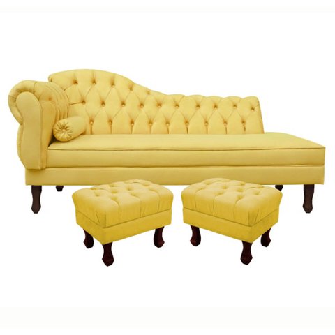 Divã Recamier Namoradeira Larissa 140cm com Capitonê - Direita + 02 Puffs Retrô Suede