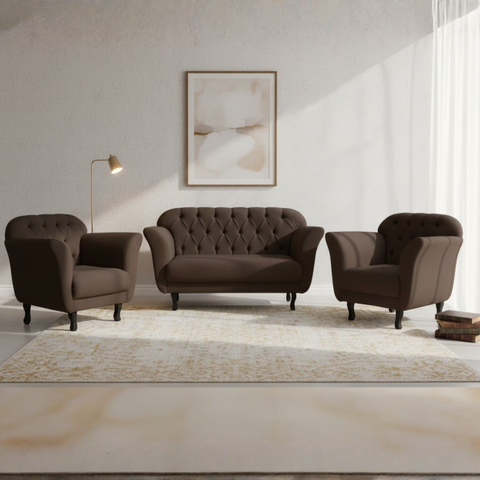 Kit Namoradeira + 2 Poltronas Decorativa Dália Veludo Marrom