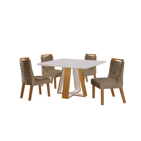 Conjunto Sala de Jantar Mesa Grécia 4 Cadeiras Atena Marrom/Castanho Cinamomo/Pena Caramelo/Off White