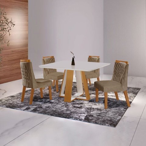 Conjunto Sala de Jantar Mesa Grécia 4 Cadeiras Atena Marrom/Castanho Cinamomo/Pena Caramelo/Off White