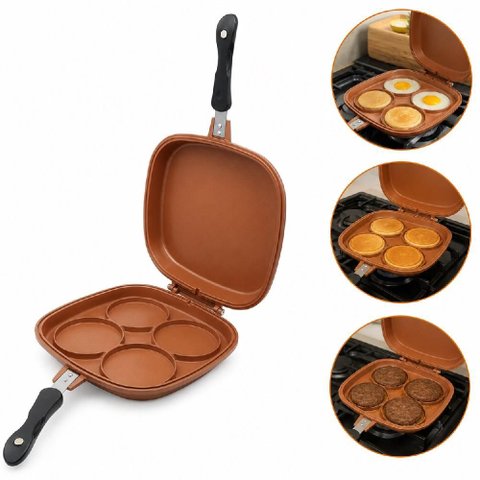 Frigideira Dupla 4 em 1 Cobre Nao Gruda Antiaderente Ovos Panquecas Hamburguer Duas Faces Aluminio